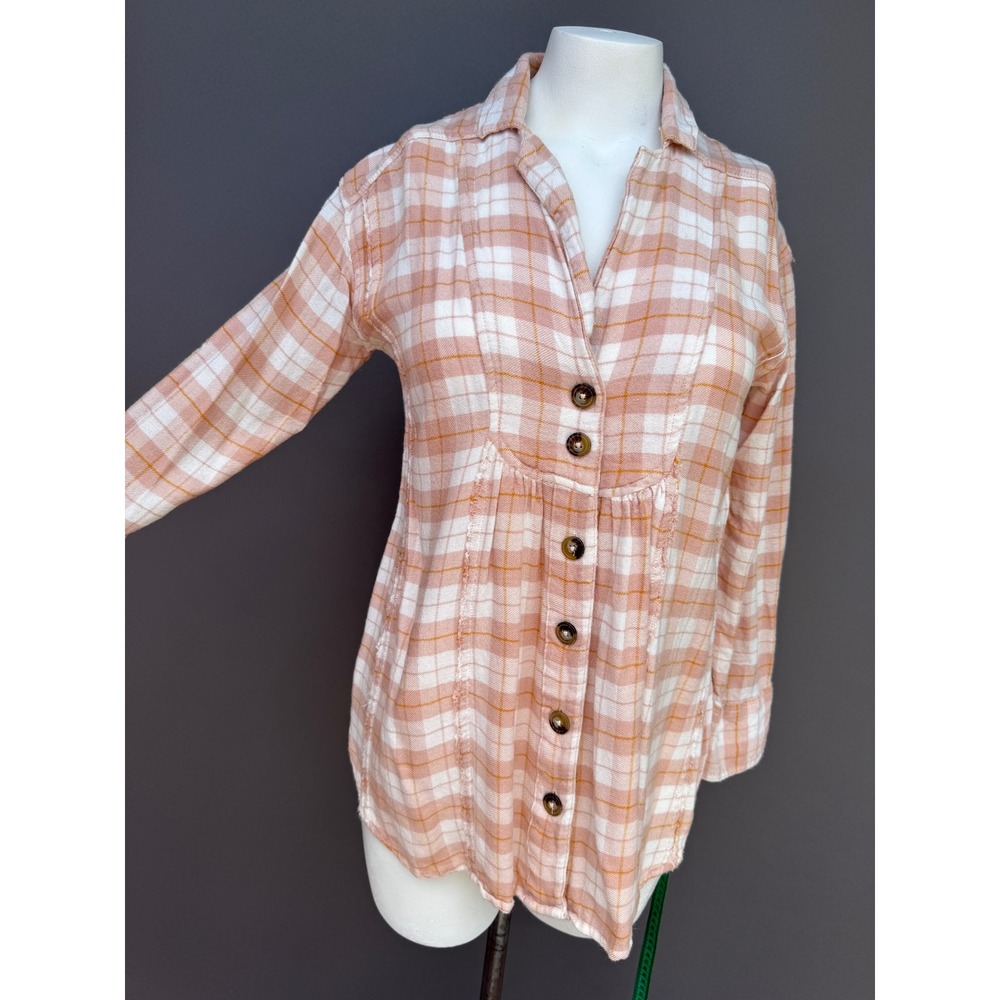 Free People Plaid Babydoll Top Small Tan White Wool Blend Button Down Boho Shirt